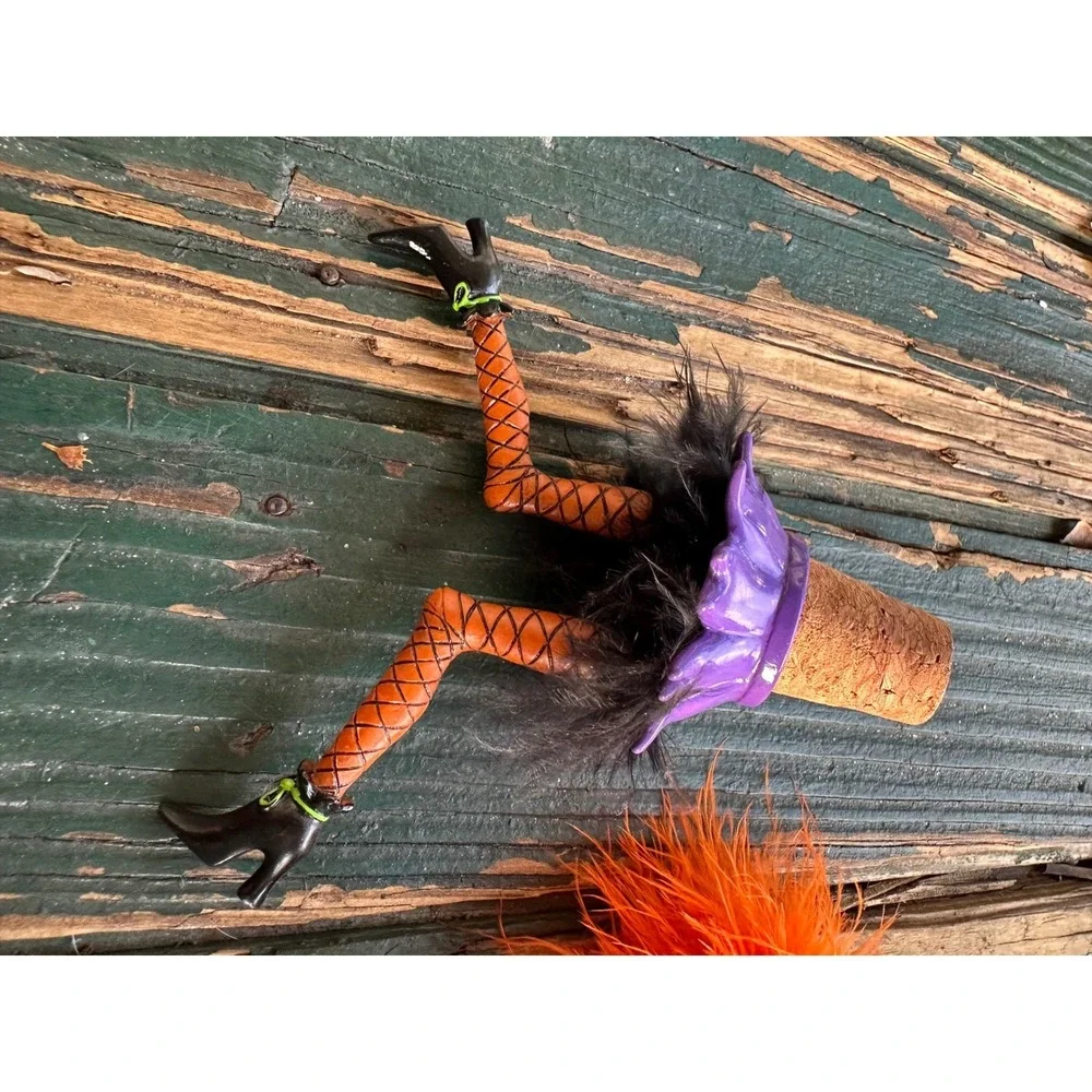 Halloween‎ Witch Wine Bottle Stoppers Set of 2 Legs and Hat Orange Purple Black
